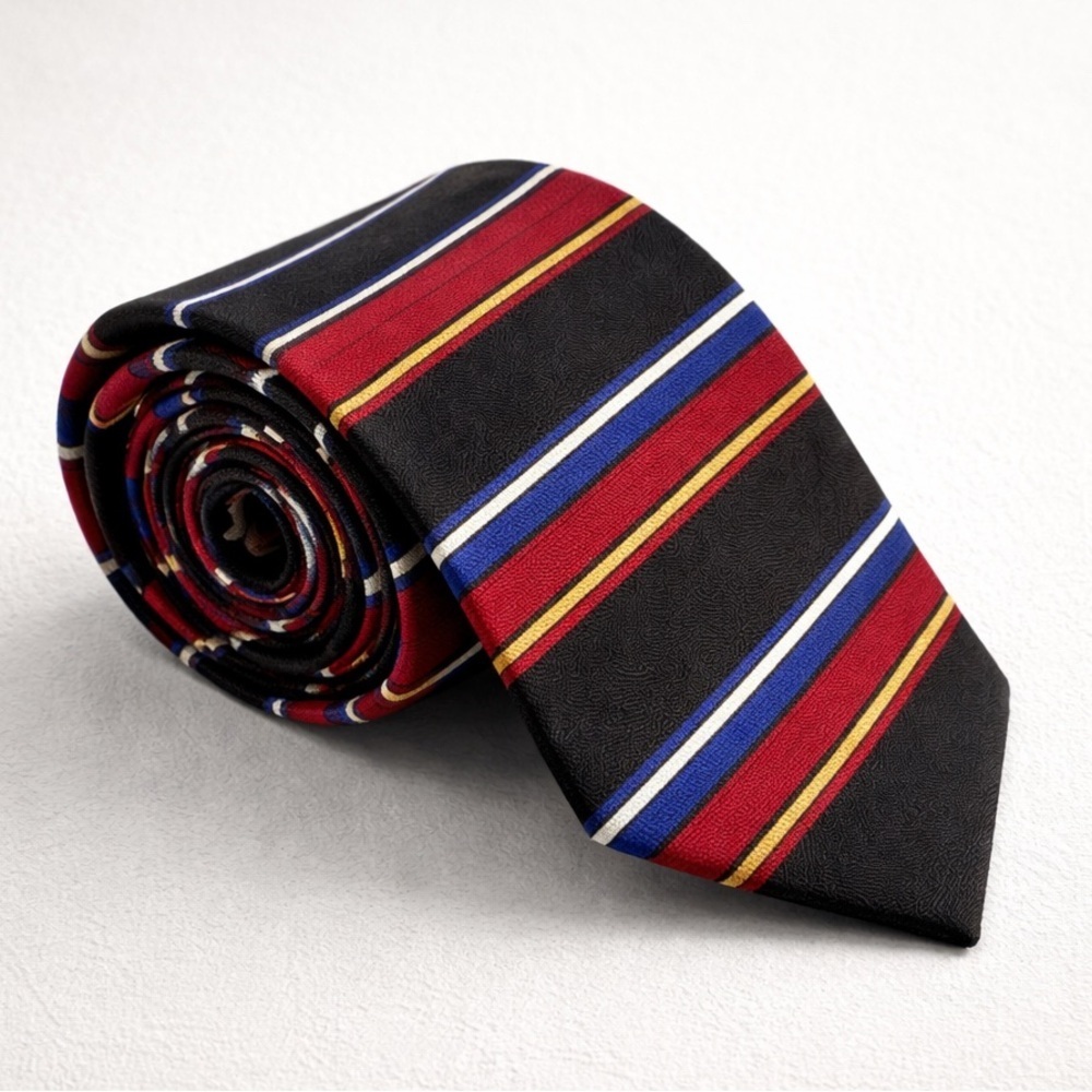 VTG Oscar de la Renta Striped Black Tie with Red and Blue Accents Textured